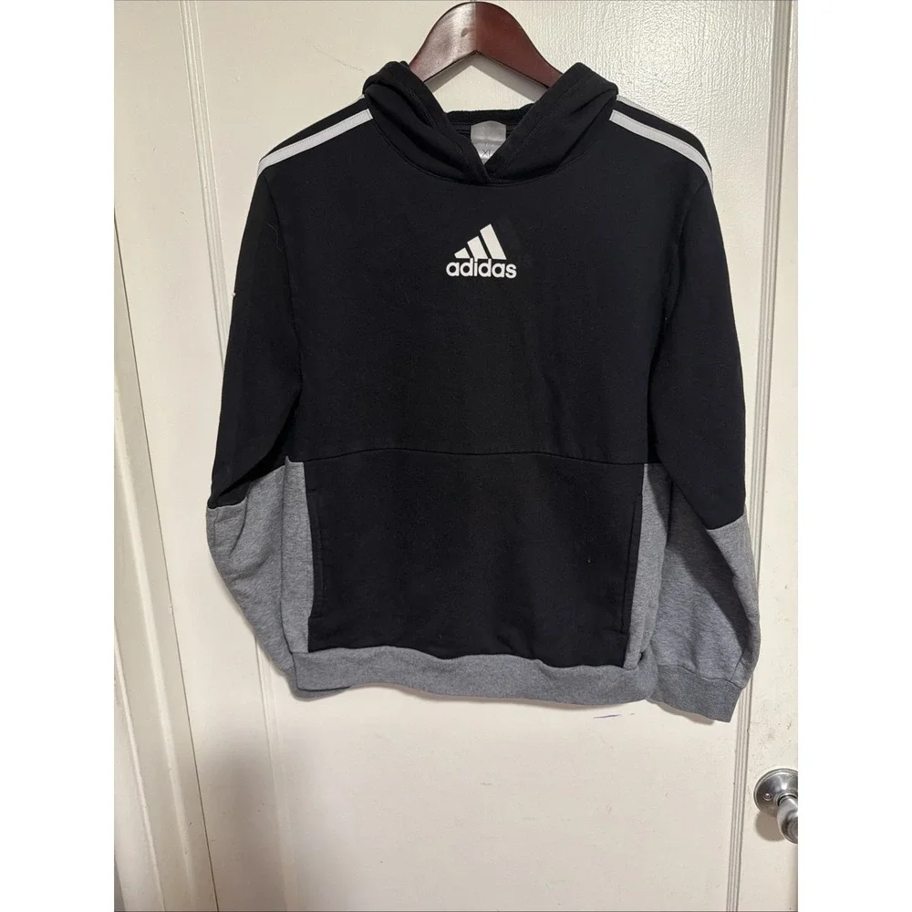 Adidas Boys Pullover Hoodie Black Gray White Fleece Size XL 18/20